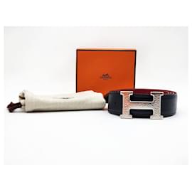 Hermès-Hermes Constance H Reversible Navy Red Belt with textured silver hardware-Silver hardware