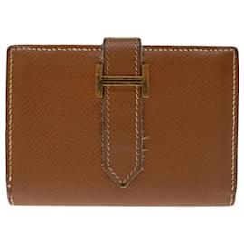 Hermès-HERMES Bearn Card Case Leather Brown Auth 67553-Brown