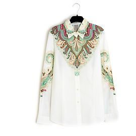 Etro FR40 Top Bianca Camicia in Popeline Verde US10 Bianco Verde