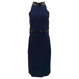 Autre Marque-Gucci Navy Crepe Sleeveless Dress with Black Leather Trim-Navy blue