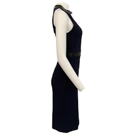 Autre Marque-Gucci Navy Crepe Sleeveless Dress with Black Leather Trim-Navy blue