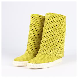 Casadei-Casadei Lime Green Perforated Suede Wedge Boots Size 38-Green