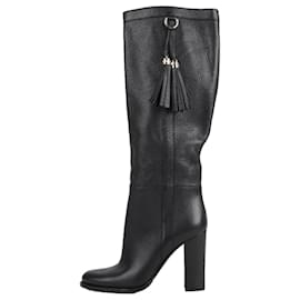 Gucci-GUCCI Black Leather Tassel Tall Boots Size 37-Black