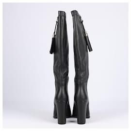 Gucci-GUCCI Black Leather Tassel Tall Boots Size 37-Black