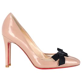 Christian Louboutin-Christian Louboutin Escarpins Love Me Bow en cuir beige et maille-Marron,Beige