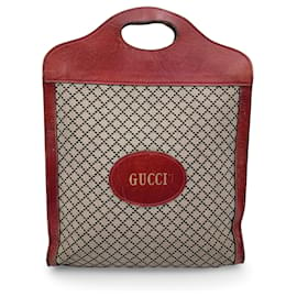 Gucci-Vintage Beige Diamante Canvas Red Leather Shopping Bag Tote-Beige