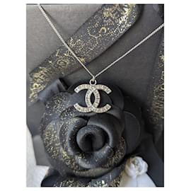 Chanel-CC 09P logo classic square crystal necklace in SHW box receipt-Silvery