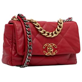 Chanel-Chanel Pelle di agnello rossa media 19 borsa con patta-Rosso