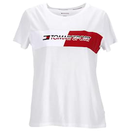 Tommy Hilfiger-T-shirt da donna con logo bandiera Tommy Hilfiger in cotone bianco-Bianco