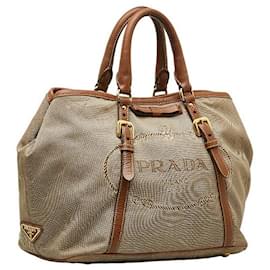 Prada-Prada Canapa Logo Convertible Tote Bag Sac à main en toile en bon état-Autre
