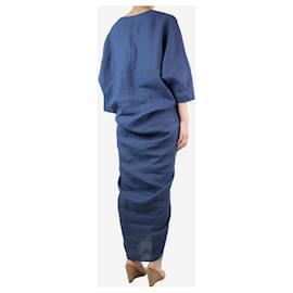 Autre Marque-Vestido azul lino fruncido escote pico - talla XS-Azul