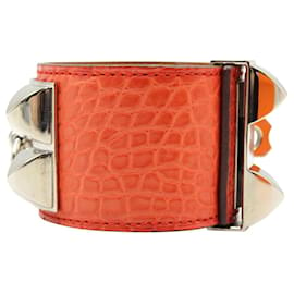 Hermès-HERMÈS Collier De Chien Bracelet-Peau D'alligator Orange - Palladium Hardware-Orange