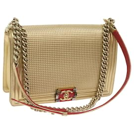 Chanel-CHANEL Bolso de hombro con cadena Chanel para niño Cuero Dorado CC Auth 67371UNA-Dorado
