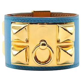 Hermès-Pulseira HERMÈS Collier De Chien-Bleu Izmir Swift Couro - Ferragens Douradas-Azul