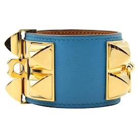 Hermès-HERMÈS Collier De Chien Bracelet-Bleu Izmir Swift Leather - Gold Hardware-Blue