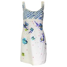 Autre Marque-Marni White / Blue Beaded and Sequined Sleeveless Crepe Flower Dress-White