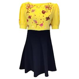 Autre Marque-Marni Amarillo / Vestido negro de crepé de seda con lentejuelas y flores multicolores-Rosa
