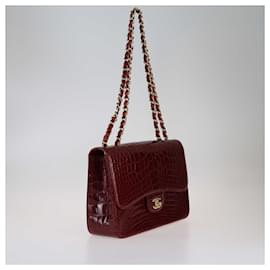 Chanel-Chanel Rouge Fonce Shine Alligator Jumbo Classic Single Flap Bag-Other