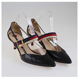 Gucci-Zapatos de tacón Unia con tacón de bambú y correa de tela Sylvie en negro de Gucci-Negro