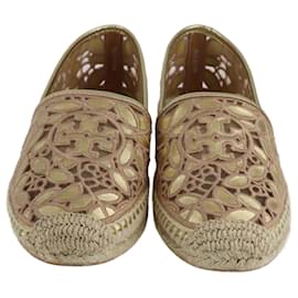 Tory Burch-Tory Burch Gold/Natural Leather And Mesh Embroidered Rhea Leaf Espadrille Flats-Golden