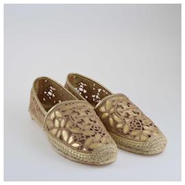 Tory Burch-Tory Burch Gold/Natural Leather And Mesh Embroidered Rhea Leaf Espadrille Flats-Golden