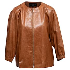 Autre Marque-Brown Lafayette 148 Leather Collarless Jacket Size US M-Brown