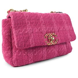 Chanel-Rosafarbener Chanel-Tweed mittlerer Qualität 19 Umhängetasche mit Klappe-Pink