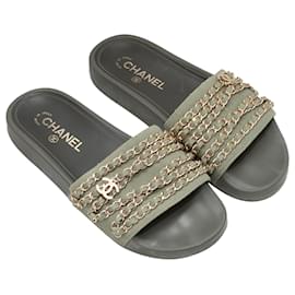 Chanel-Olive Chanel Chain-Accented Slide Sandals Size 39-Other