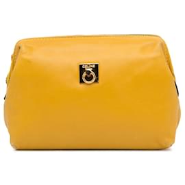 Céline-Yellow Celine Leather Cosmetic Pouch-Yellow