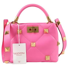 Valentino Garavani-Borsa con manico superiore Valentino in pelle trapuntata rosa con borchia romana piccola-Rosa