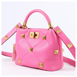 Valentino Garavani-Valentino Pink Quilted Leather Small Roman Stud Top Handle Bag-Pink