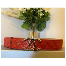 Chanel-Chanel 14C Lipstick Red Quilted Lambskin Leather Belt Size 85/34-Red