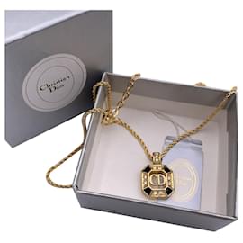 Christian Dior-Vintage Gold Metal CD Square Pendant Chain Necklace-Golden