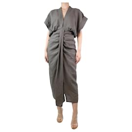 Autre Marque-Graues, gerafftes Leinenkleid mit tiefem Ausschnitt – Größe S-Grau