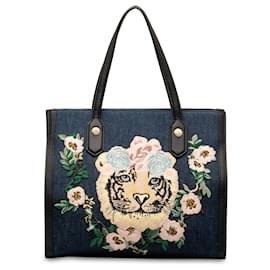 Gucci-Gucci Blue Tiger Denim Embroidered Tote-Blue,Navy blue