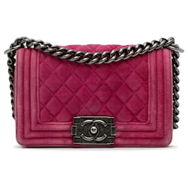 Chanel-Bolsa pequena de veludo Chanel rosa para menino-Rosa