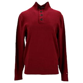 Tommy Hilfiger-Suéter masculino de seda e algodão com decote em botão-Vermelho