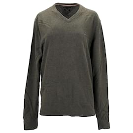 Tommy Hilfiger-Maglione da uomo con scollo a V Tommy Hilfiger in cotone cashmere verde oliva-Verde,Verde oliva