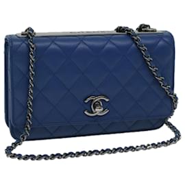 Chanel-CHANEL Bolsa de Ombro com Corrente Matelassê Couro Azul CC Auth 67176UMA-Azul