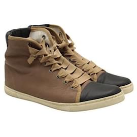 Lanvin-Zapatillas altas Lanvin de cuero marrón y negro en dos tonos - Cordones de cinta-Castaño