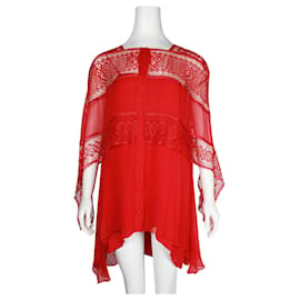 Alberta Ferretti-Alberta Ferretti Camisa transparente de encaje rojo con camisola-Roja