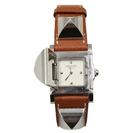 Hermès-Reloj de pulsera Hermes Medor de acero Barenia de cuero-Castaño