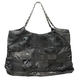 Chanel-Chanel Black Leather Patchwork Tote with Silver Tone Chain 2013-2014-Black