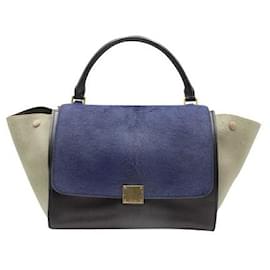 Céline-Celine Blu Scuro/ Black/ Borsa a trapezio color kaki in pelo di vitello-Blu