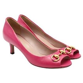 Gucci-Gucci Candy Pink Horsebit Open-Toe Heels-Pink