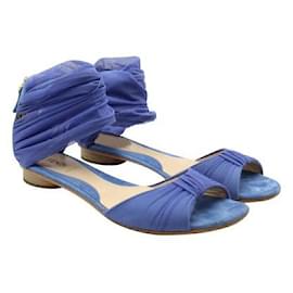 Fendi-Fendi Indigo Blue Mesh Fabric Flat Peep-Toe Sandals-Blue