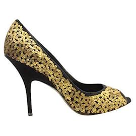 Donna Karan-Donna Karan Salto peep-Toe preto com lantejoulas douradas-Dourado