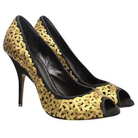 Donna Karan-Donna Karan Black peep-Toe Heels with Golden Sequins-Golden