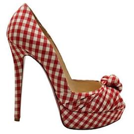 Christian Louboutin-Christian Louboutin Red Gingham Greissimo Peep-Toe Pumps-Red