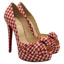 Christian Louboutin-Christian Louboutin Red Gingham Greissimo Peep-Toe Pumps-Red